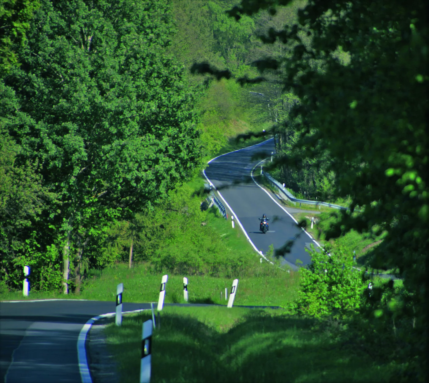 Kurvige Landstraße durch offene Wiesenhänge Kurvige Landstraße durch offene Wiesenhänge